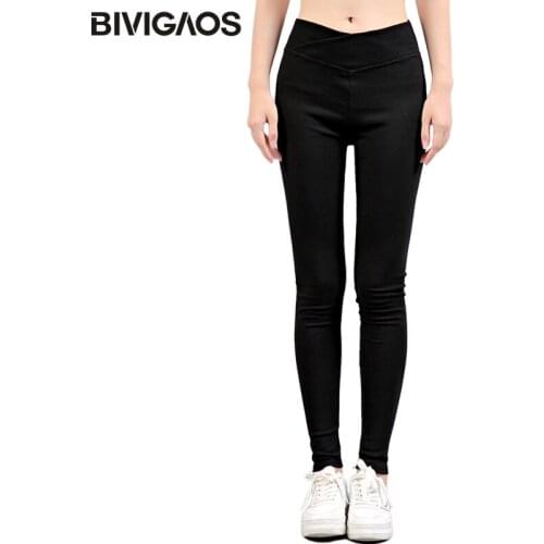 BIVIGAOS Autumn Winter Solid Color Cotton Leggings Women Cross High Waist Elastic Pencil Pants Skinny Sports Workout Leggings