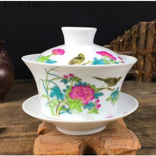 Jingdezhen large ceramic cover bowl blue and white porcelain three bowls three bubble castle tea cup horseshoe rice cup