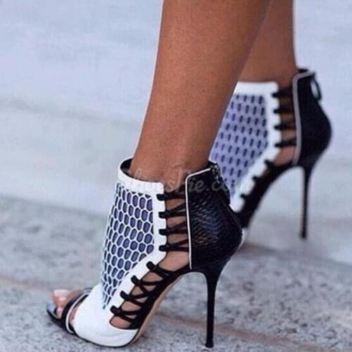 Peep Toe Hollow Stiletto High Heel Shoes Zipper Ankle Booties Patchwork Mixed Color Summer Runway Dress Shoes Manufacturer