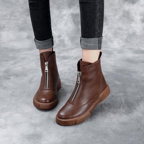 Ankle Boots Female Autumn Winter 2021 New Slim Warm Motorcycle Boots Genuine Leather Front Zipper Cowhide Short Boots Woman