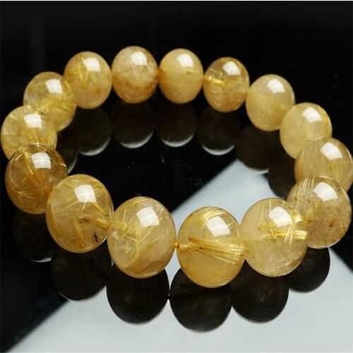 15mm Brazil Natural Gold Rutilated Quartz Bracelets Women Men Powerful Stretch Crystal Round Bead Bracelet