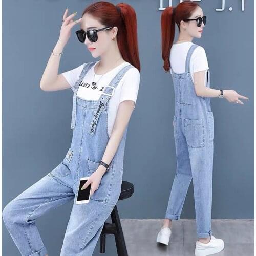 Denim Bib Womens Summer Suit 2020 New Spring and Autumn Korean Version Loose Wild Popular High-waist Straight Pants