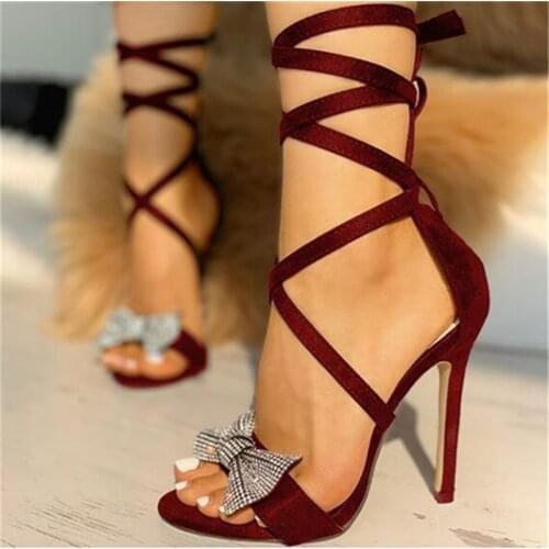 European Summer Sandals Solid Color Point Toe Lace Ankle Strap Party High Heels Pumps 11.5cm High Thin Heel Sandals Lady
