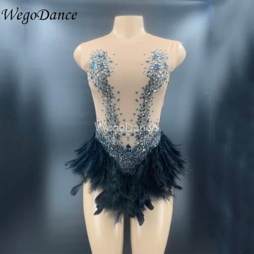 Sparkling Crystals Jumpsuit Nightclub Party Women Sexy Skin Color Bodysuit Short Black Feather Skirt Glass Costume