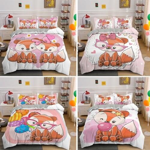 Sweet Cartoon Fox Print Bedding Set For Kids Gift Single King Queen Duvet Cover Sets Comforter Covers With Pillowcase 2/3pcs