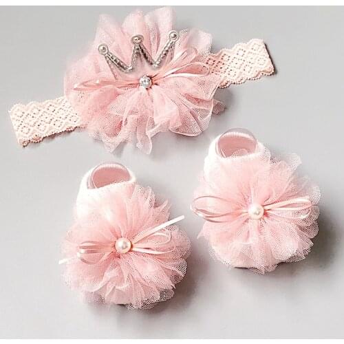 2Pcs Baby Girl Socks Headband Set Lace Bows Newborn Girl Head bands Crown Infant Baby Turban Short Socks Hair Accessories 0-12M