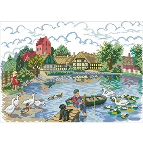 Pond by the village patterns Counted Cross Stitch 11CT 14CT 18CT DIY Cross Stitch Kits Embroidery Needlework Sets