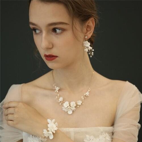Charming Porcelain Flower Bridal Necklace Earrings Set Pearls Wedding Prom Jewelry Handmade Women Jewelry Set Accessories