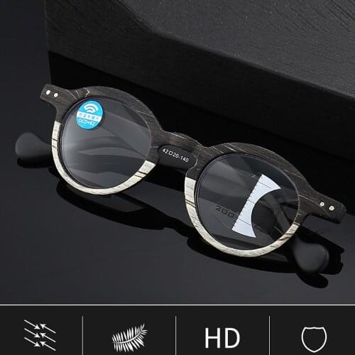CLARA VIDA Retro Wood Grain Progressive Multi-focus Reading Glasses Men Women Anti-blue Light Far and Near+1.0+1.5 +2.0 To +4.0