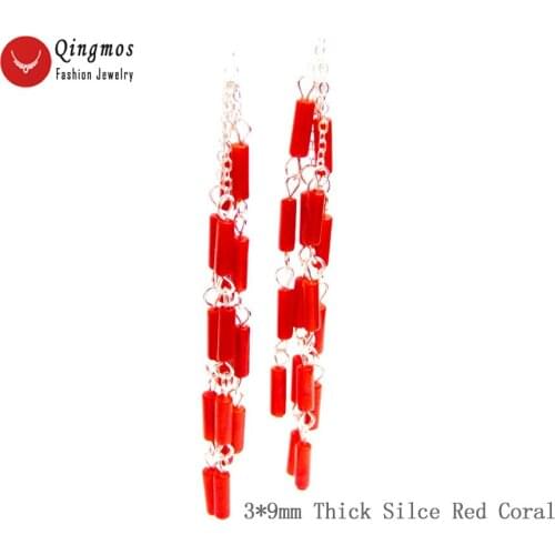 Qingmos Fashion Natural Red Coral Earring for Women with 3*9mm Thick Slice Coral 4 Strand Dangle Earring 3'' Hook Jewelry