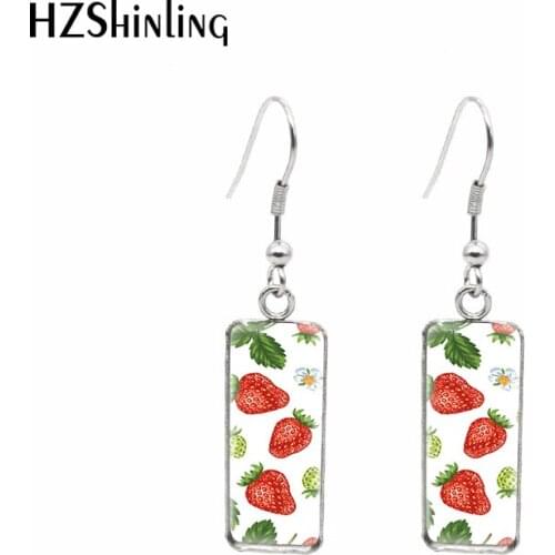 2021 New Red Strawberries Rectangular Earring Sweet Strawberry Painting Fish Hook Earrings Glass Cabochon Handmade Jewelry