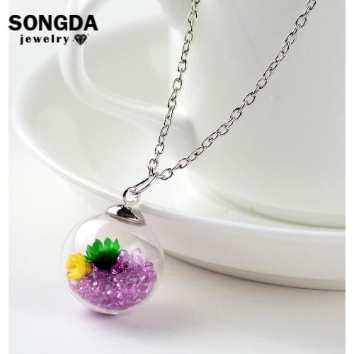 SONGDA Handmade Dried Flower Rhinestone Beads Necklace Clear Glass Ball Wish Bottle Clavicular Chain Necklace for Women Jewelry