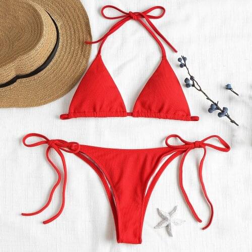 ZAFUL Ribbed String Bikinis Set Halter Swimsuit Women Sexy Backless Female Triangle Swimwear Summer Beachwear Bathing Suit