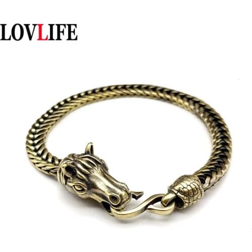 Vintage Brass Horse Head Bracelet Punk Hip-Hop Jewelry Fashion Street Hipster Hand Chain Bangles Wristband for Men Women Trendy