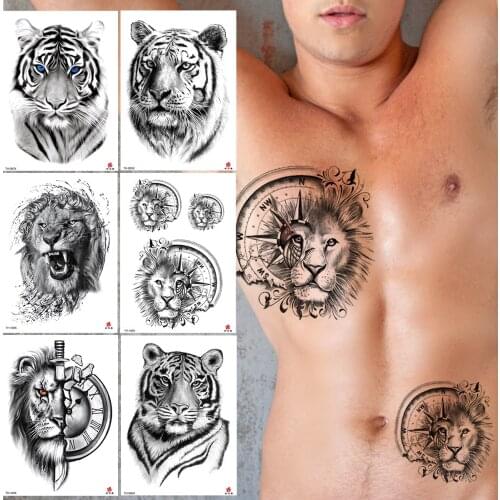 Black Compass Lion Temporary Tattoos For Men Women Adult Kid Realistic Tiger Tattoo Sticker Body Art Drawing Fake Tatoo Supplies