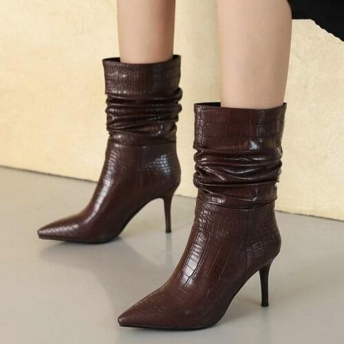 Winterautumn Women Shoes Fashion Artificial Crocodile Pattern Pointed Toe Ladies Ankle Boots Stilettos Foldable Western Boots