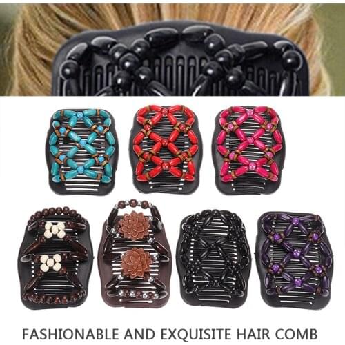 Portable Mini Size Women Double Insert Beaded Hair Comb Clip Elastic Hairpin Hair Pins Ladies Hair Accessories
