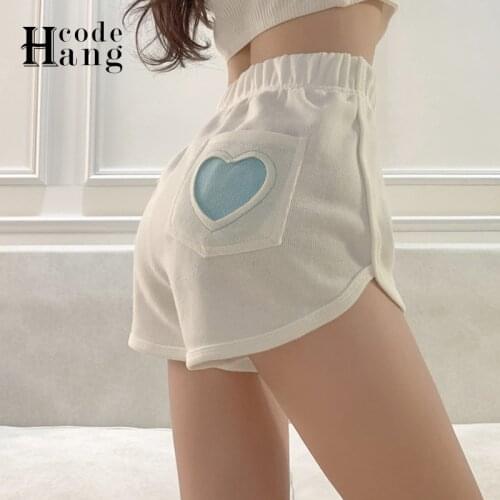 HangCode Women Casual High Waist Short Pants 2021 Summer Elegant Sweet Heart Pockets Girl Short Sweatpants