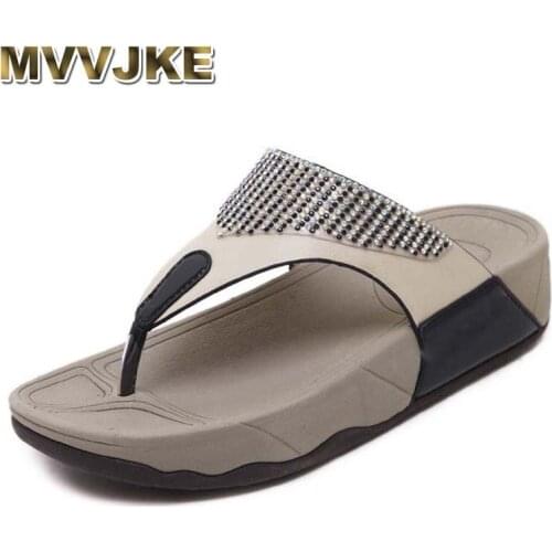 MVVJKE Casual Slippers Rhinestone Sandals Women Flip Flops Summer Shoes Woman Comfortable Soft Thick Bottom Heels beach sandals