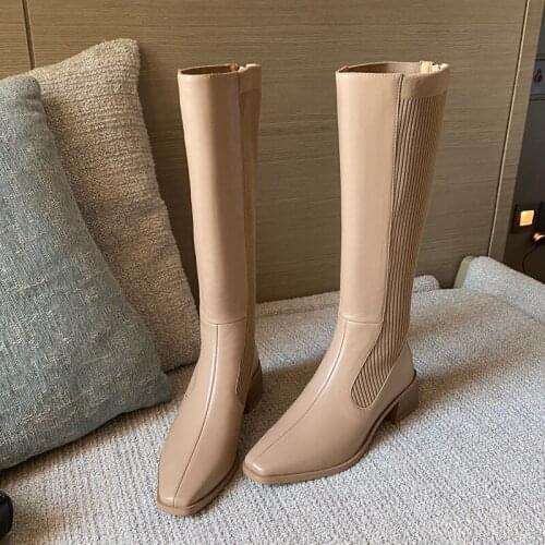 2021 New Knee High Stretch Boots Women Genuine Cow Leather Zipper Lady Winter Fashion Long Boots Handmade