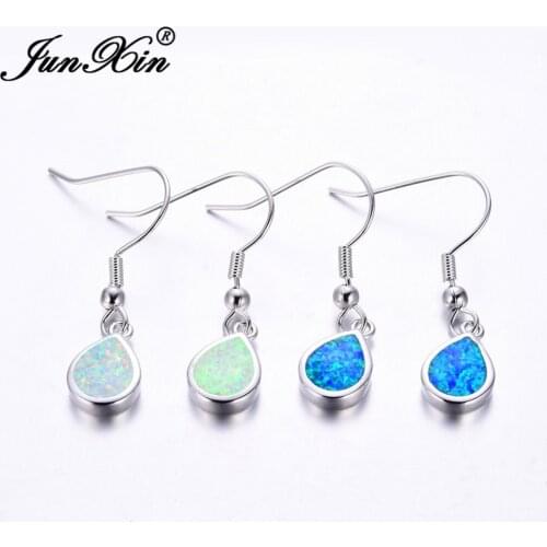 JUNXIN Female Dangle Earring White & Blue Fire Opal Water Drop Earring Silver Color Double Earrings For Women
