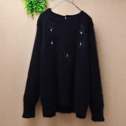 Top mujer femme winter black vintage beading bow tie plush angora rabbit fur o-neck loose long batwing sleeves pullover sweater