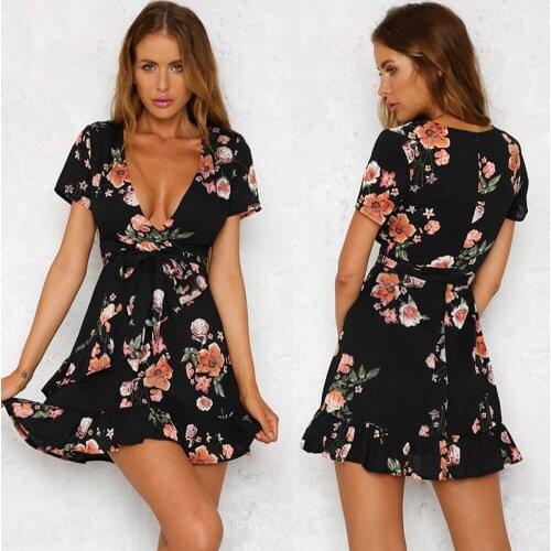 Boho Womens Floral Dress V-neck Summer Wrap Frill Sexy Beach Mini Short Dress Ladies Summer Dress Sundress