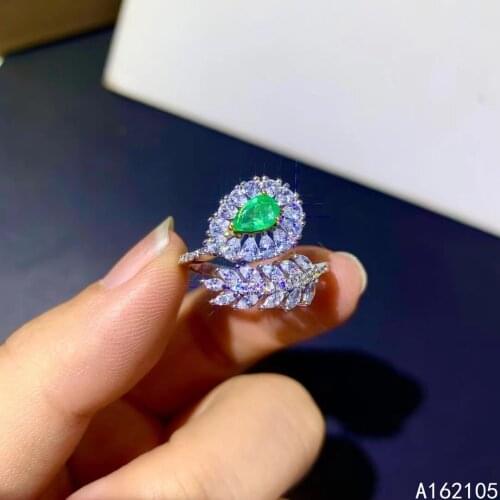 925 pure silver Chinese style natural Emerald womens luxury elegant water drop plant adjustable gem open ring fine jewelry supp
