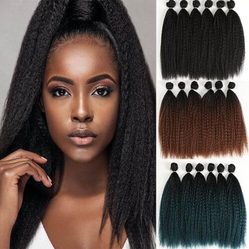 Afro Kinky Straight Hair Extension For Black Women 6 Bundle With Closure 16inch Long Black Synthetic Hair Extension Classic Plus
