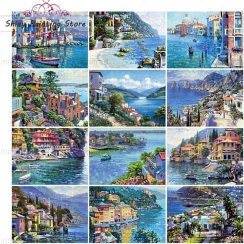 5D DIY Seaside Town Diamond Painting Cross Stitch Kit Full Diamond Embroidery Landscape Mosaic Wall Art Home Decor Handmade Gift