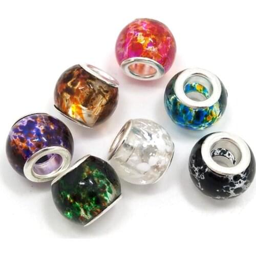 Free Shipping 50pcs 12mm Silver Color Core mix New Color Big Hole Glass Beads fit European Jewelry Bracelet Charms DIY