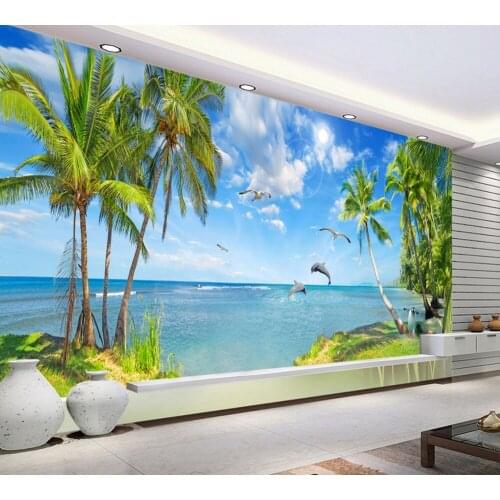 Free Shipping Beautiful Seascape Landscape Dolphin Bay Mediterranean Coconut Palm Living Room Wall Custom Living Room Mural