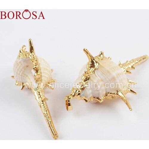 BOROSA 10PCS Natural Conch Shell Pendant Jewelry Gold Trim Lovely Trumpet Sea Shell Pendant for Necklace Making G1656