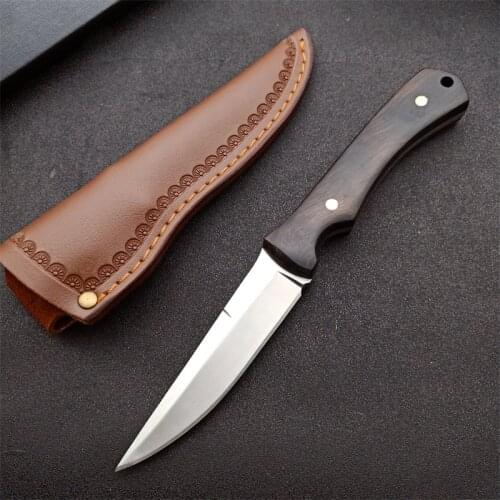D2 Fixed Blade Knife Steel Wood Handle Straight Hunting Camping Rescue Fruit Cutting Tools Free Gift Leather Sheath
