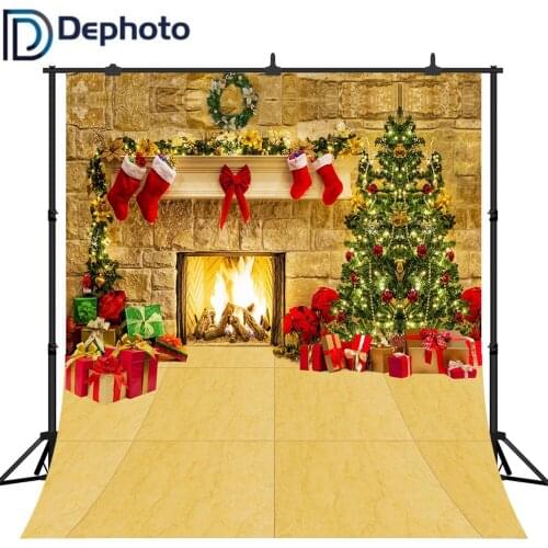 Dephoto Christmas Tree Backdrop Fireplace Photo Background Brick Wall Photography Backdrops Santa Claus Sock Photo Studio