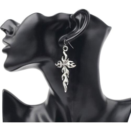 Harajuku European Punk Rock Girls Flame Cross Dangle Earrings Vintage Silver color Metal Drop Earring Jewelry Accessories