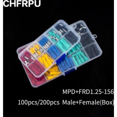 100/200pcs bullet type Insulated Electrical Connector，Crimp Terminals，Male Female Wire Connector FRD MPD 1.25-156 5 color mix