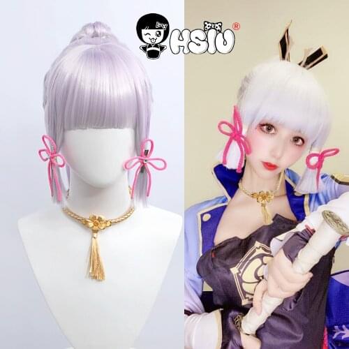 Kamisa Ayaka cosplay wig Genshin Impact cosplay HSIU Silvery white taro color Long hair Free gift wig Cap+Necklace + earrings