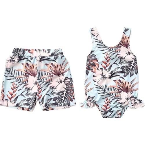 2020 New Summer Swimsuit Sister Brother Matching Bathing suit Infant Newborn Baby Girls Backless Leaves Flowers Swimwear
