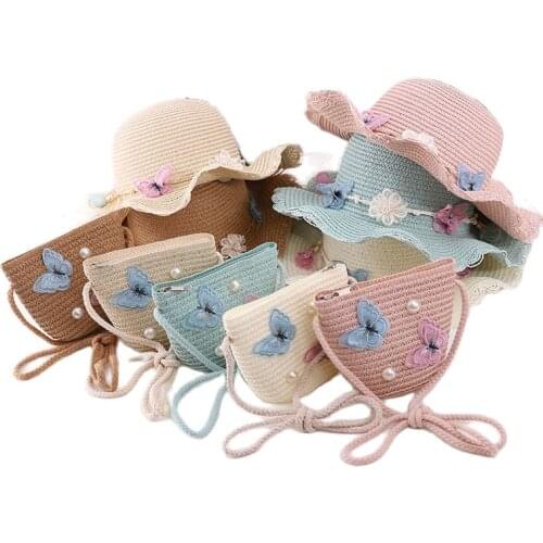 Summer girl princess 2pcs a sets sun hat +bags Child baby casual Beach butterfly panama caps for holiday party