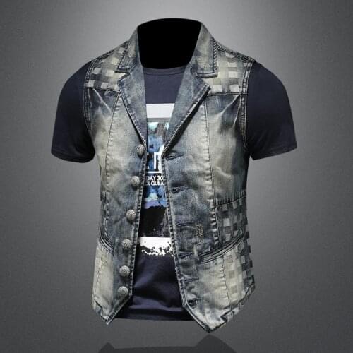 Men Spring Autumn Sleeveless Denim Jacket Individual Suit Collar Waistcoat Cowboy Vests