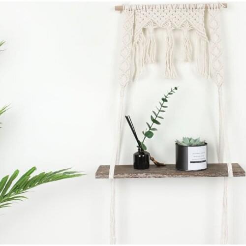 Handwoven Macrame Wall Hanging Tapestry with Wood Board Organizer Rack Shelf for Planter Pot Book Ornaments Christmas Home Decor
