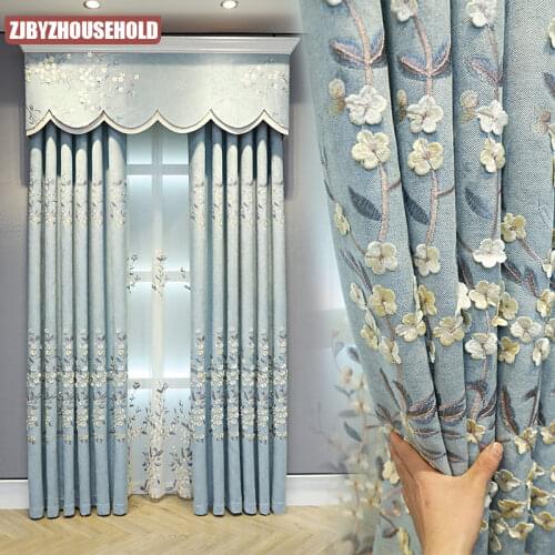 New Curtain Embroidered Fresh Embossed Shading Gray-blue Chenille Finished Product Curtains for Living Dining Room Bedroom