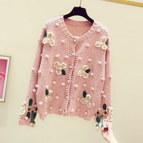 2021 New Women Winter Handmade Sweater And Cardigans Floral Embroidery Hollow Out Chic Knit Jacket Pearl Beading Cardigans
