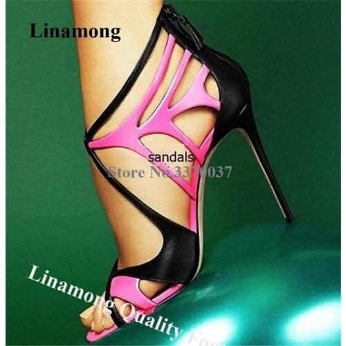Women Charming Fashion Open Toe Rose Red Black Patchwork Stiletto Heel Sandals Cut-out High Heel Sandals Formal Dress Shoes