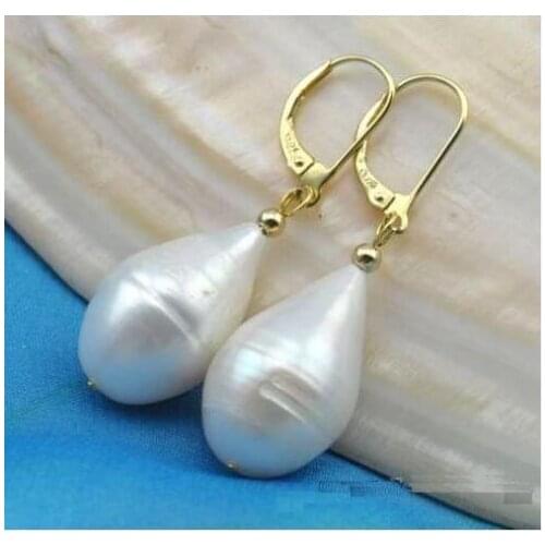 HUGE AAA 10-12MM SOUTH SEA WHITE DANGLE PEARL EARRINGS 14k/20 YELLOW GOLD