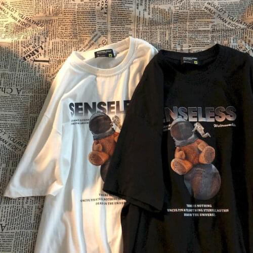 QNPQYX New Cotton Gothic Men T-shirt Harajuku Summer Boys Short Sleeve T-shirt Trend Versatile American Bear Print Women Shirt