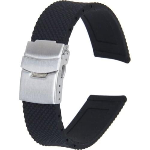 Watch Bands Sport Black Silicone Rubber Watch Strap Deployment Buckle Waterproof 22 mm