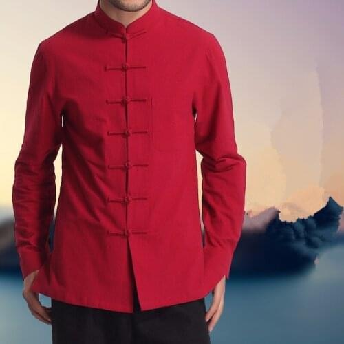 Mens New Autumn High Quality Red White Black Cotton Linen Chinese Wu Shu Tai Chi Uniform Martial Arts Kung Fu Long Sleeve Shirt