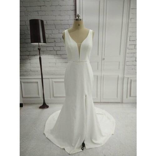 Sexy Long Mermaid V-Neck Wedding Dresses with Beaded Belt Stretchy Open Back Sweep Train Bridal Gowns for Women Real Pictures